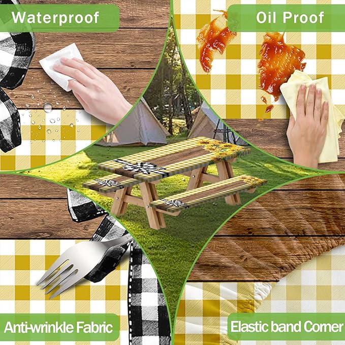Picnic Table Cover with Bench Covers, Sunflower Buffalo Plaid Farmhouse Wood Waterproof Elastic Fitted Tablecloths Outdoor Camping Essentials, with Drawstring Bag, 96in, Yellow