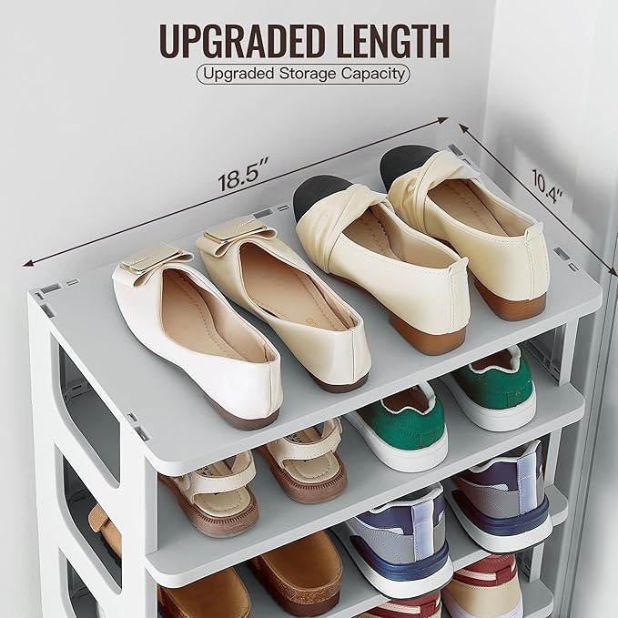 TRZZ 7-Tier Small Shoe Rack, Vertical Narrow Stackable Organizer with Removable Partition, Efficient Shoe Storage for Closet, Entryway, and Small Spaces (Grey)