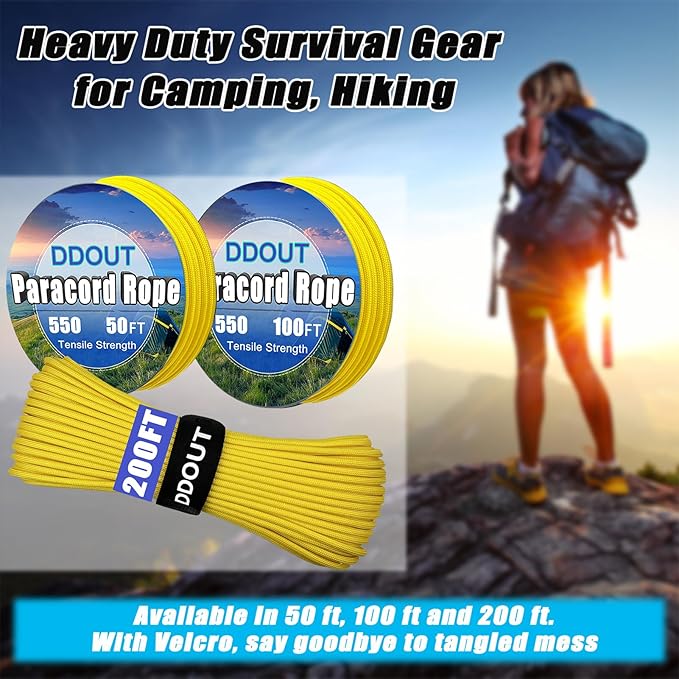 Paracord Nylon Rope Yellow 100ft with 7-Strand Core, 10 Colors and 50/100/200 ft, Type III Parachute Cord 4mm for Camping, Survival, Hiking, DIY, Crafting, Outdoor Utility Rope