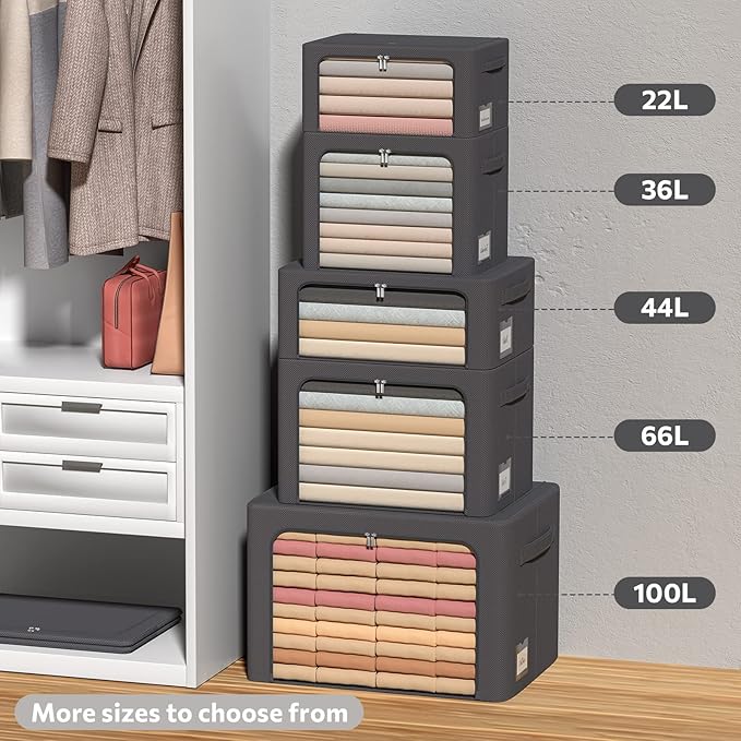 3Pack Stackable Clothes Storage Bins - Oxford Frame Storage Box Foldable Clothing Storage Container Organizer Set with Clear Window & Carry Handles Large Capacity (Dark Gray, Large-66L)