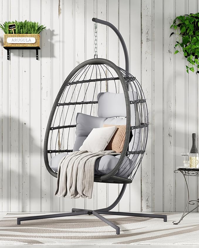HWB Hanging Egg Chair with Stand, Patio Wicker Hammock Egg Swing Chair with Cushion for Bedroom Garden Indoor Outdoor (Grey)