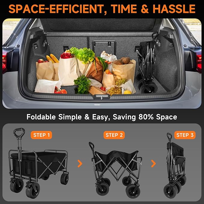 Collapsible Wagon Cart with Big Wheels, Foldable Heavy Duty Beach Cart with 330lbs Weight Capacity, 120L Portable Utility Grocery Wagon with Pocket & Brakes for Garden Sports Camping Travel Picnic