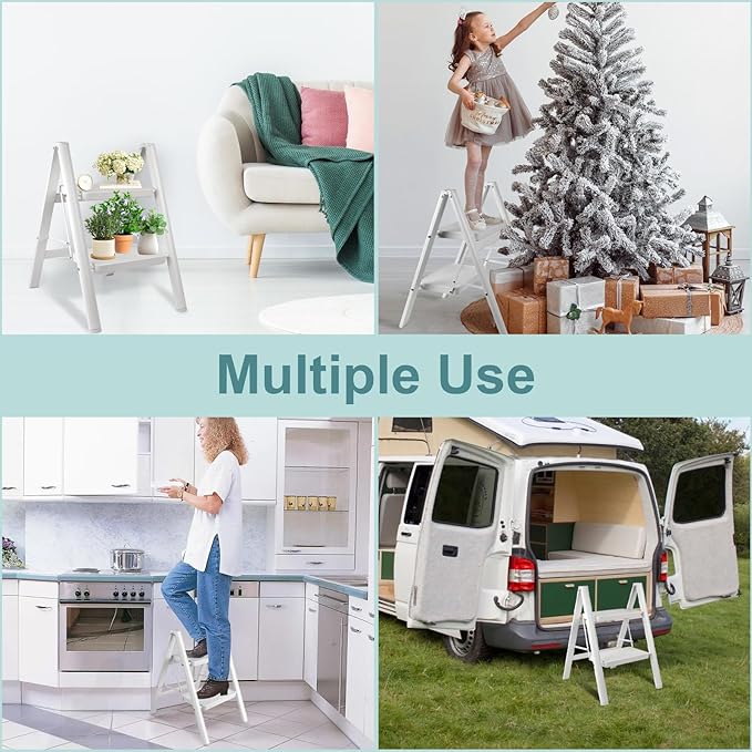 Upgraded 2 Step Ladder, 330 lbs Folding Aluminum Step Stool with Wide Anti-Slip Pedals, Lightweight & Portable Ladder for Kitchen, Closet, Office, Home Use - White