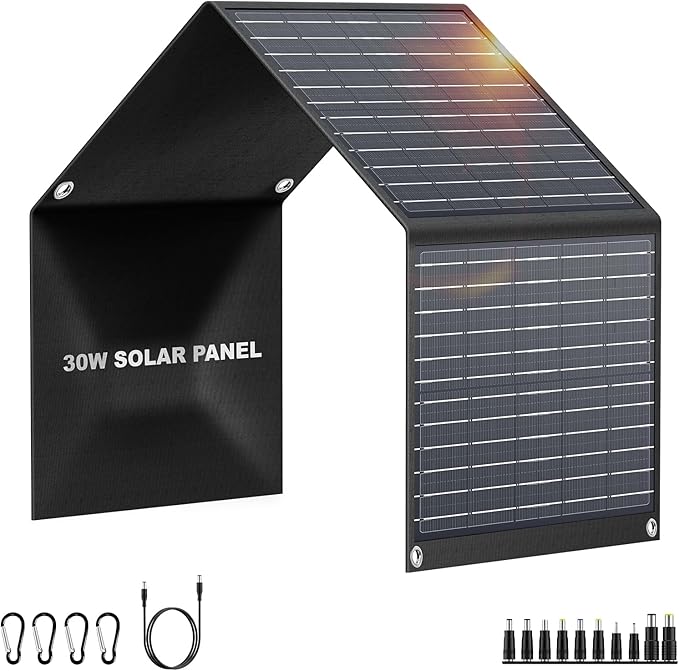 30W Portable Solar Panel with USB QC3.0/USB-C/18V DC(10 Connectors), Backpacking Solar Charger for Power Station, Phones, Laptop, Foldable Solar Panels for Camping Home Hiking