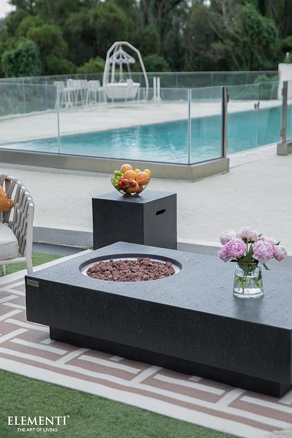 Elementi | Bundle Metropolis Gas Fire Pit Cast Concrete 56" Rectangular Fire Table, Outdoor Fire Pit Electronic Ignition | Canvas Cover, Lava Rock Included | Dark Gray (Propane Gas)