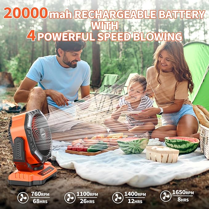 MORECORE 68HRS Running Camping Fan with Light, 20000mAh Battery Rechargeable, Powerful 4 Speeds & Auto Oscillating, with Timer & Hook, for Travel Tent RV Emergency Hurricane Jobsite Garage-Orange