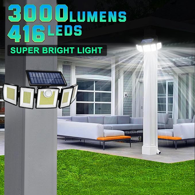 Solar Outdoor Lights Motion Sensor Waterproof - 416 LEDs 3000 Lumens Super Bright Solar Flood Security Light for Porch Yard Patio Garage, 3 Brightness 3 Modes (Pack 2)