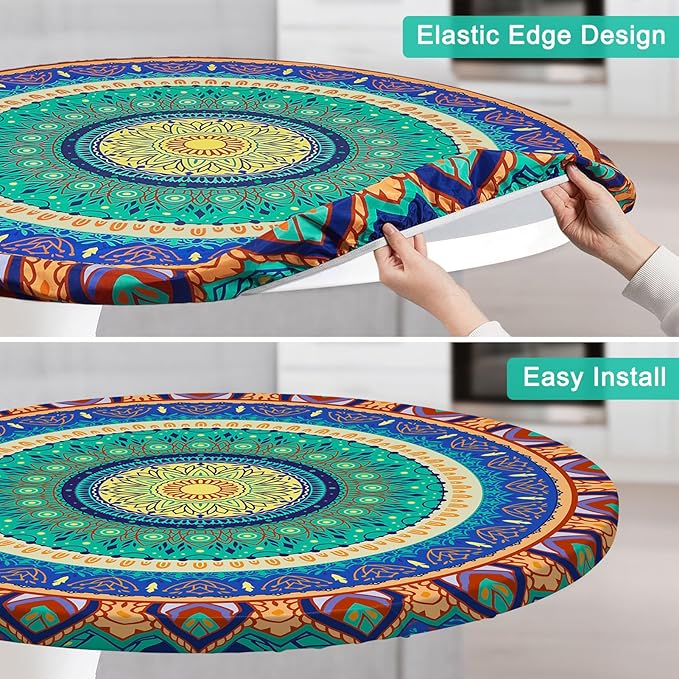 Round Tablecloth Fitted Elastic Table Cover Waterproof Table Cloth for Dinner, Party, Picnic,Camping, Round Table Cover for Indoor Outdoor