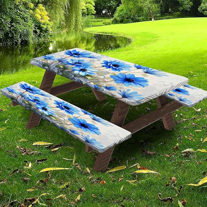 CAPSCEOLL Fitted Picnic Table Cover with Bench Covers with Elastic 6Ft Waterproof Camping Picnic Table Cover Cloths for Outdoors Camping Tablecloth with Drawstring Bag, 72X30in, Blue Flowers