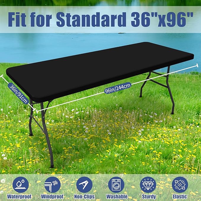 Spandex 8 Foot Rectangle Table Cloth 2 Pack, Elastic Fitted Tablecloths for Picnic, Stretch Washable Patio Table Cover for Outdoor, Camping, Banquet and Parties (Black, 36"x96")