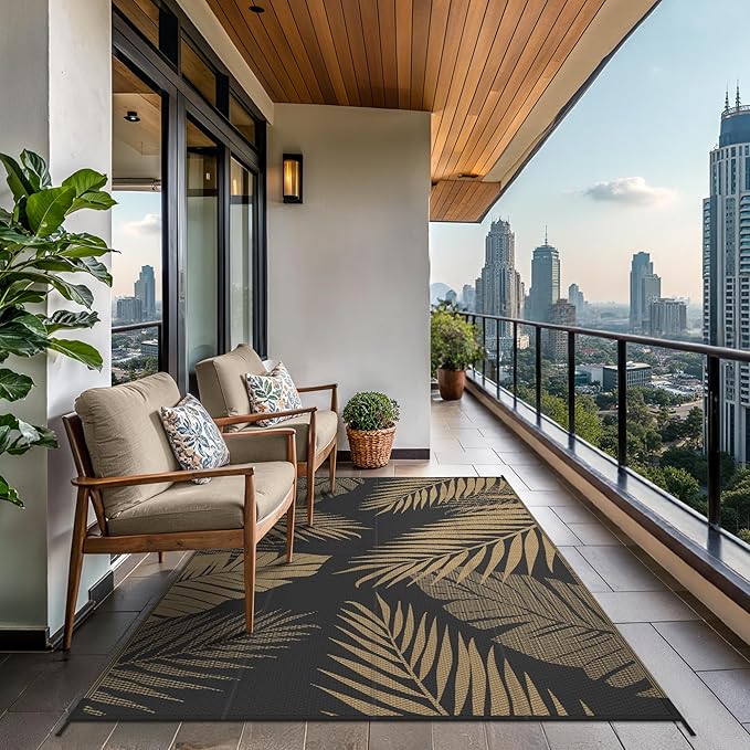 GENIMO Outdoor Rug 9' x 12' Waterproof for Patios Clearance, Reversible Outdoor Plastic Straw Camping Rug Carpet, Large Area Rugs Mats for RV, Camper, Deck, Balcony, Porch, Beach, Picnic, Black&Brown