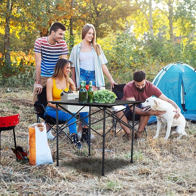 WILDROOTS Folding Camping Black Table with Carry Bag, Roll Up 4-6 People Portable Camp Square Tables for Picnic, Cooking, Beach, Travel, BBQ (L