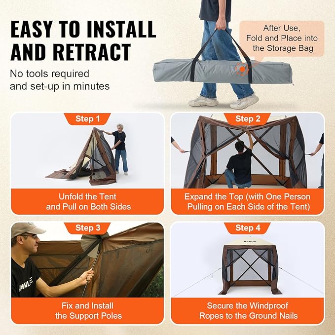 VEVOR Pop Up Gazebo Tent, Pop-Up Screen Tent 4 Sided Canopy Sun Shelter with 4 Removable Privacy Wind Cloths & Mesh Windows, 6x6FT Quick Set Screen Tent with Mosquito Netting, Brown