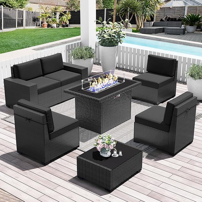 LayinSun 7 Pieces Outdoor Patio Furniture Set with 44" Fire Pit Table Rattan Sectional Sofa Conversation Sets