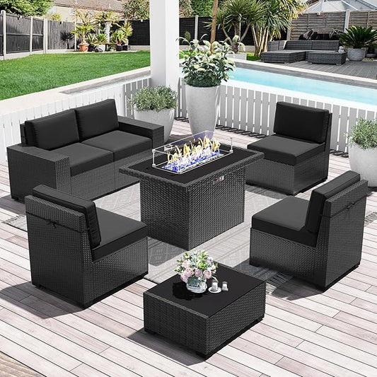 LayinSun 7 Pieces Outdoor Patio Furniture Set with 44" Fire Pit Table Rattan Sectional Sofa Conversation Sets
