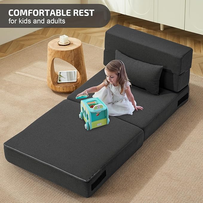 Folding Sofa Bed with Pillow- Convertible Chair Floor Couch & Sleeping Mattress, Foldable Memory Foam Sleeper for Living Room/Dorm/Guest Room/Home Office/Apartment/Loft, Single28, Dark Gray