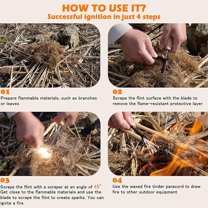 Fire Starter (2 Packs), All-Weather Magnesium Ferro Rod for Camping and Hiking, Emergency Survival Kits with Waxed Fire Tinder Paracord (28inch)&Beech/Pine Handle&&6-in-1 Multi-Tool