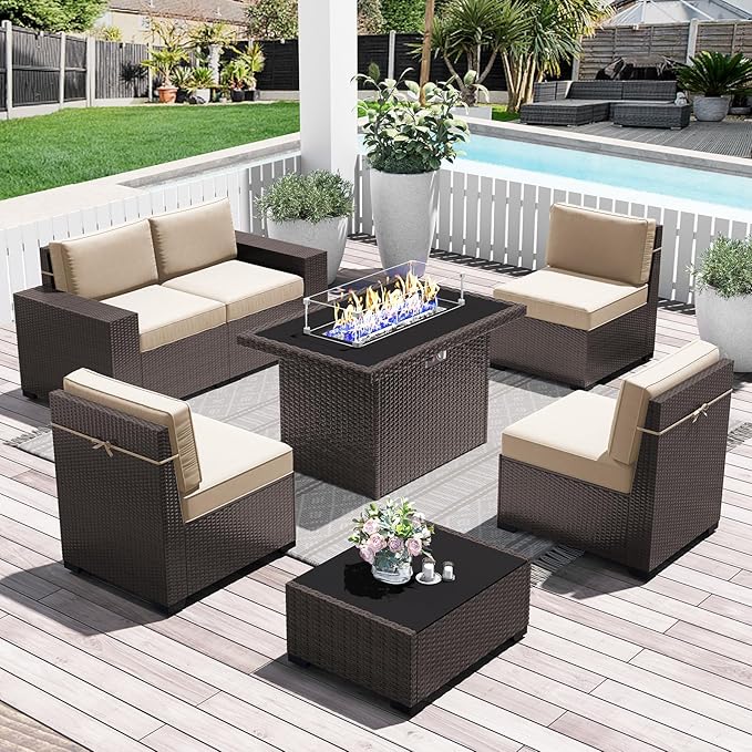 LayinSun 7 Pieces Outdoor Patio Furniture Set with 44" Fire Pit Table Brown Rattan Sectional Sofa Conversation Sets