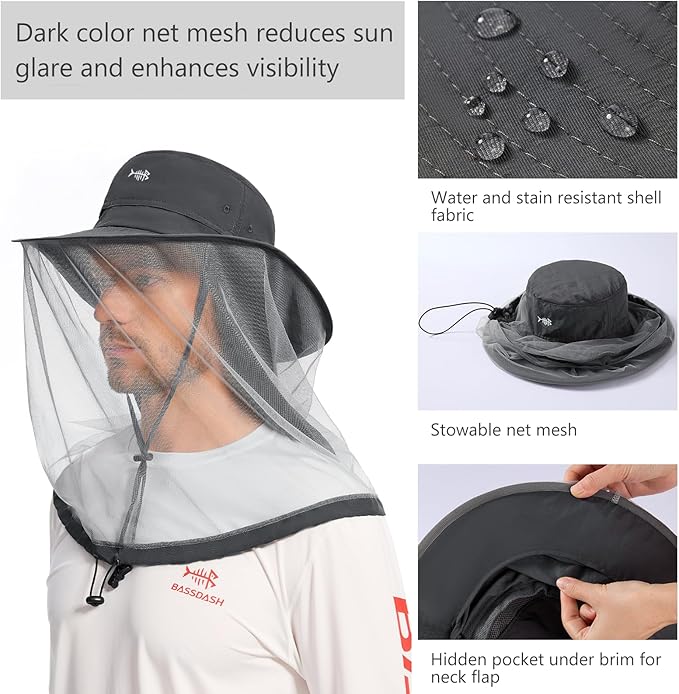 BASSDASH UPF 50+ Mosquito Net Hat with Stowable Neck Flap for Men Women Outdoor Fishing Hiking Camping Gardening FH17