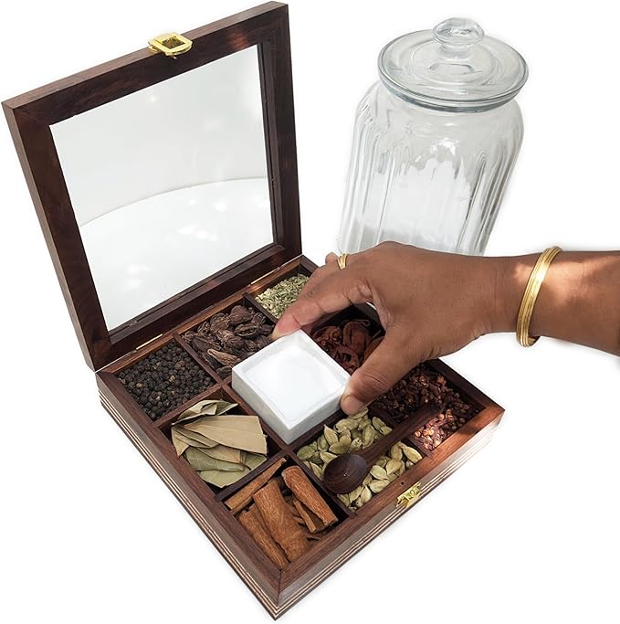 Wooden Spice Box with lid and Spoon - 9 spice compartments including with 1 removable Ceramic Container Good for Storing Salt - Tabletop Kitchen Spice Organizer for Masala and Herbs