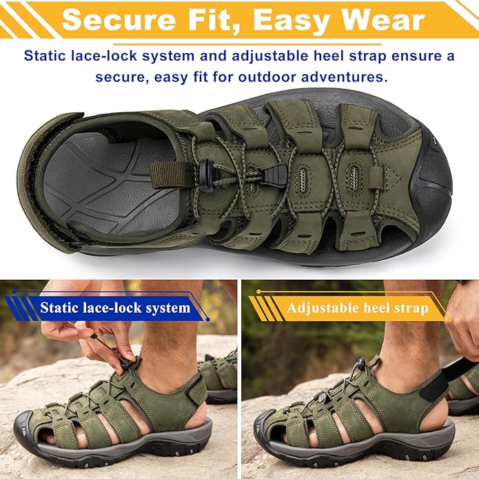 Men's Sport Sandals Closed Toe Leather Hiking Athletic Walking Outdoor Beach Trail River Fishing Water Shoes Lightweight Comfortable Waterproof