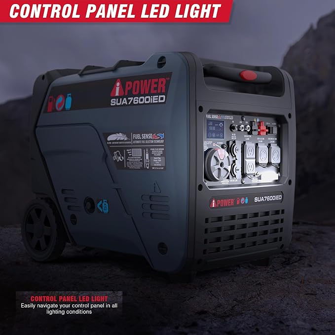 A-iPower 7600W Dual Fuel Quiet Portable Inverter Generator, Electric Start RV Ready, EPA & CARB Compliant CO Sensor, With Telescopic Handle For Backup Home Use, Tailgating & Camping (SUA7600iED)