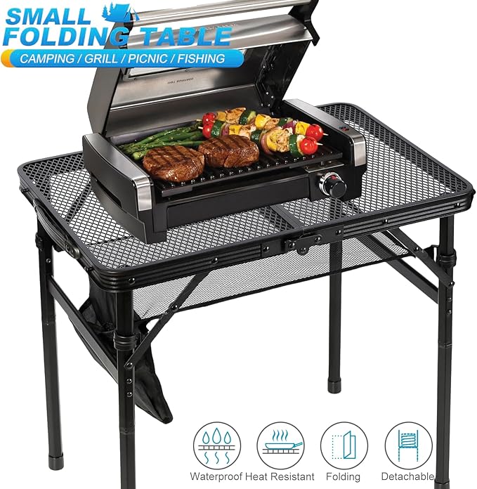 Small Floding Grill Table with Mesh Layer, 2 Height Adjustable, Portable & Lightweight Metal Camping Table for Outdoor, Beach & BBQ - Compact (2 FT, Black)