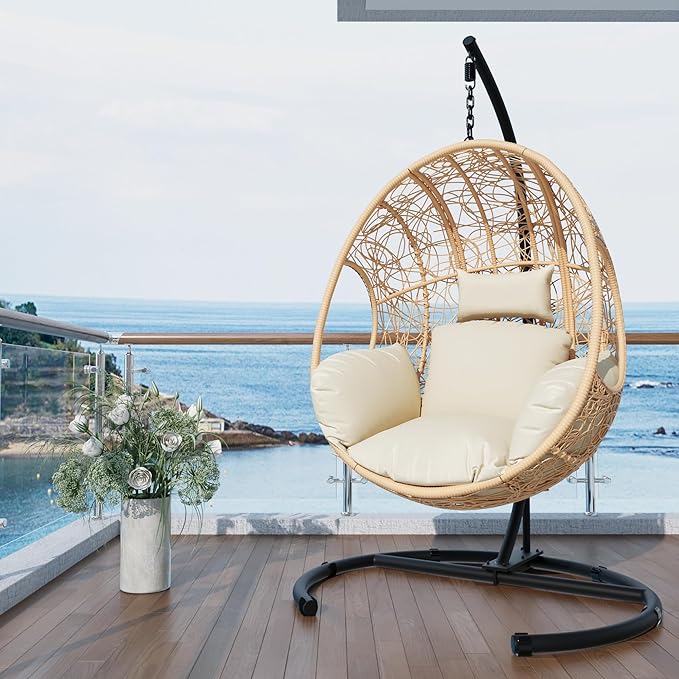 Oversized Hanging Egg Chair Outdoor Indoor, Wicker Swing Egg Chair with Stand 400lbs Capacity for Bedroom, Patio, Garden and Balcony (Beige-nest, Oversize)