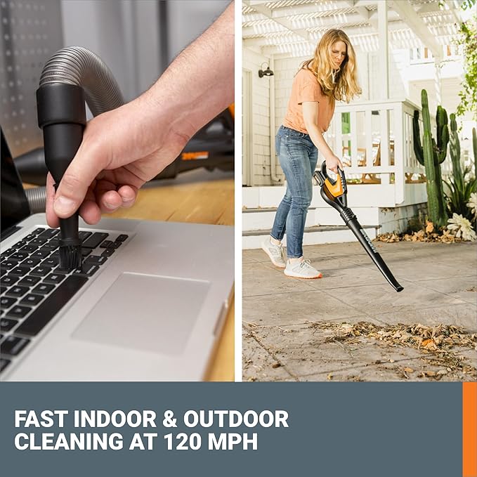WORX WG545.1 20V Cordless Leaf Blower, Electric Blowers for Lawn Care with 120 MPH & 3.5 Lbs, Long Nozzle Design for Narrow Spaces with Cleaning Attachments, Battery & Charger Included
