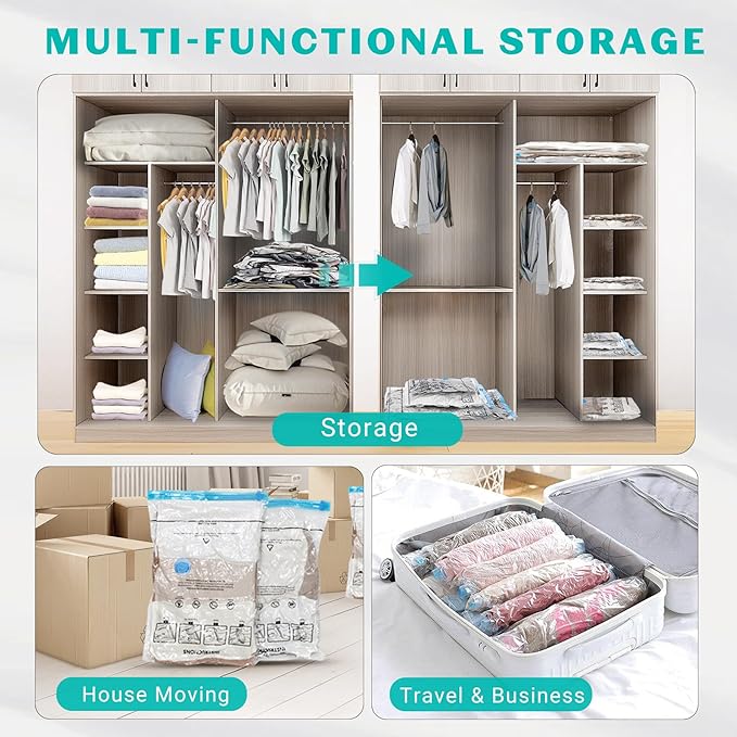 10 Pack Jumbo Space Saver Vacuum Storage Bags Seal Bags for Clothing Travel Compression Bags for Comforters Blankets Bedding Pillows Luggage Hand Pump Included