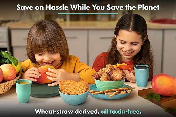 FOODLE Wheat Straw Dinnerware Set - BPA Free & Safety Tested - Microwave & Dishwasher Safe Dishes - Perfect for Camping, Picnic, RV, Dorm - Plates, Cups and Bowls - Great for Kids & Adults - For 4