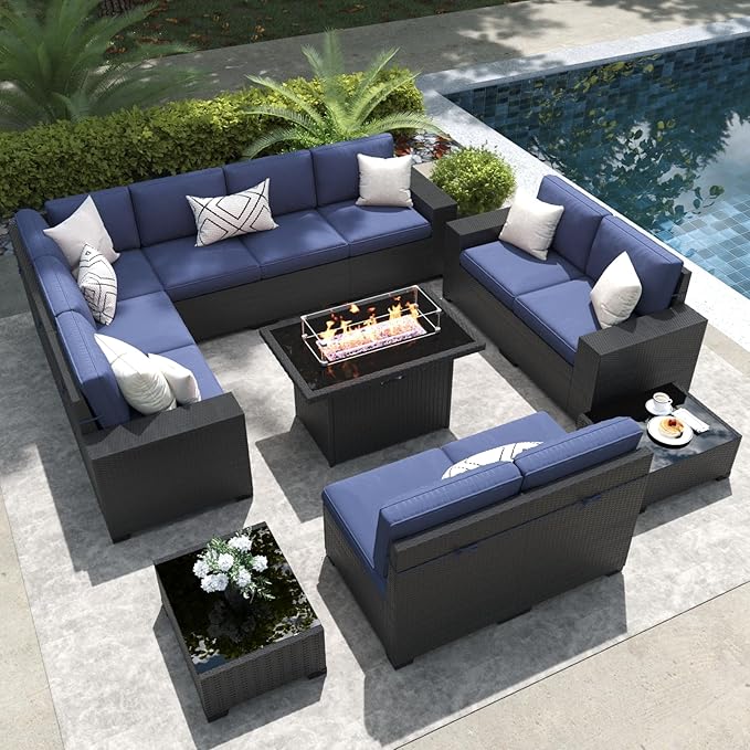 LayinSun 13 Pieces Outdoor Patio Furniture Set with 44" Fire Pit Table Rattan Sectional Sofa Conversation Sets