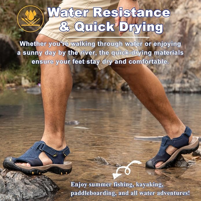 Men's Sport Sandals Closed Toe Leather Hiking Athletic Walking Outdoor Beach Trail River Fishing Water Shoes Lightweight Comfortable Waterproof