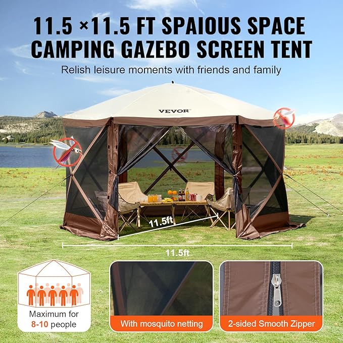 VEVOR Pop Up Gazebo Screen Tent 6 Sided Canopy Sun Shelter with 6 Removable Privacy Wind Cloths & Mesh Windows, 11.5x11.5FT Quick Set Screen Tent with Mosquito Netting, Brown