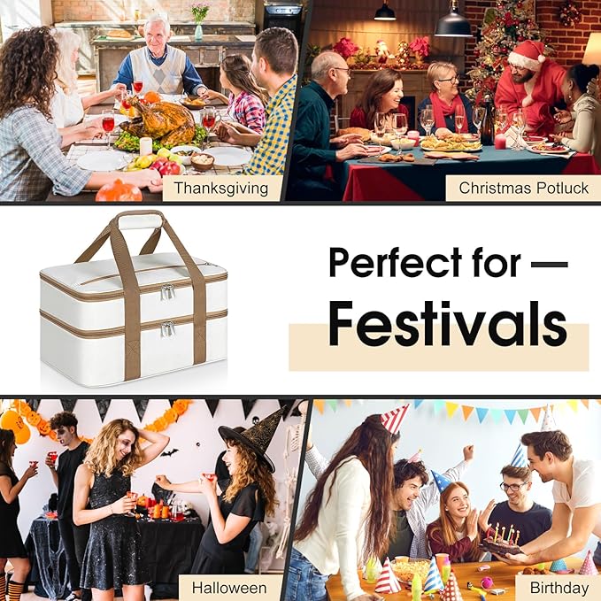 Double Insulated Casserole Carrier, Portable Casserole Carrier for Hot or Cold Food Lunch Tote Warmer or Cooler Bag, Lasagna Lunch Bag for Potluck Parties- Fits 9" x 13" Baking Dish-Beige