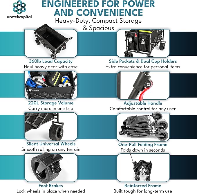 Collapsible Foldable Wagon Cart, 440lbs Heavy Duty Utility Wagon with All-Terrain Wheels, Folding Outdoor Cart with Brakes for Beach, Sports, Camping, Garden, Shopping – Black