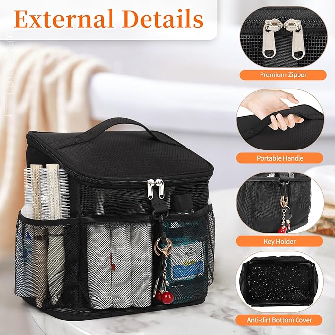 CUBETASTIC Shower Caddy Portable Mesh Shower Tote for Bathroom, Gym, Travel, Camping - Quick Dry Hanging Organizer Toiletry Bag with Handle for College Dorm Room, Men & Women (A# Black, 9.8")