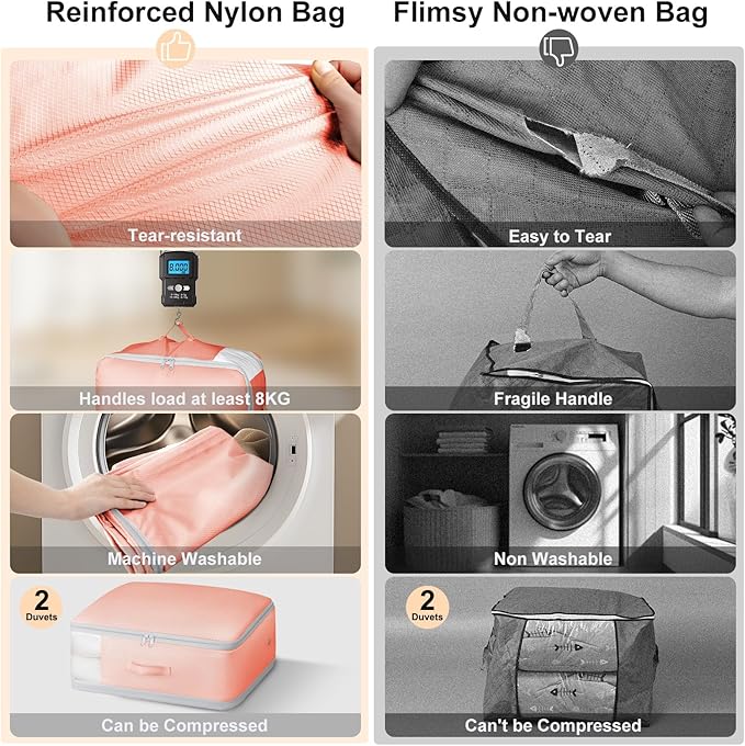 Comforter Storage Bag - Large Capacity Blanket Storage Bags 3-Layer Ultra Space Saving Self Compression Organizer, Washable Compression Bags for Storage Comforter Blanket, 6-Pack, Pink