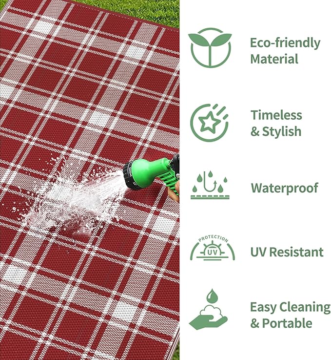 GENIMO Waterproof Outdoor Rug for Patio Clearance, 6'x9' Reversible Plastic Straw Rugs, Lightweight RV Camping Mat for Camper, Balcony, Deck, Backyard, Picnic, Red & White