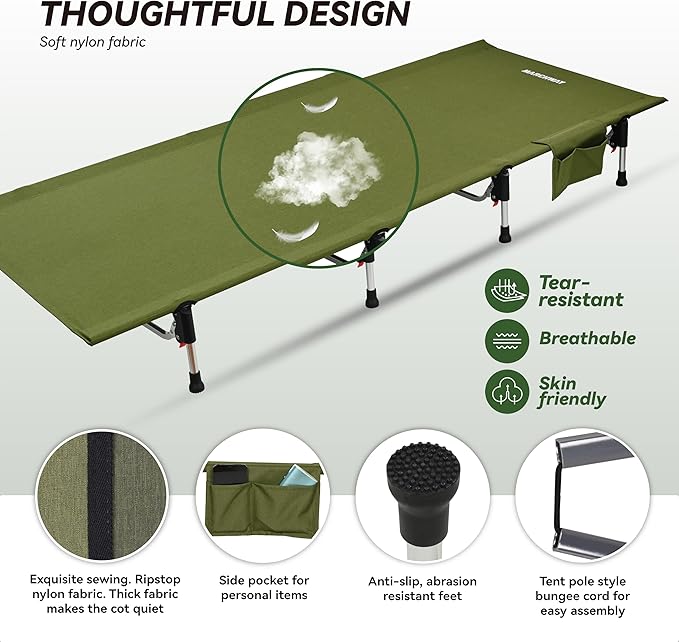 MARCHWAY Lightweight Folding Tent Camping Cot Bed with Lever Lock, Easy Setup Portable Compact for Outdoor Travel, Hunting, Hiking, Motorcycling, Support 330Lbs (Army Green)