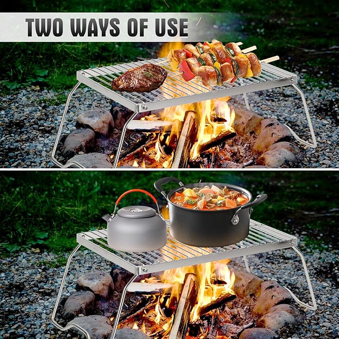 ZORMY 13" Small Folding Campfire Grill, 304 Stainless Steel Firepit Grill Grate, Heavy Duty Portable Camping Grill with Carrying Bag, Gas BBQ Grill Grate for Backpacking, Hiking, Picnics (Medium)