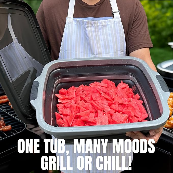 Collapsible X-Large (16L) BBQ Marinating Tub w/Cutting Board | Multipurpose Food-Grade TPE Prep Tub w/Lid | Built-In Colander & Drain Plug - For Camping | Tailgate | Picnic - Slate Black