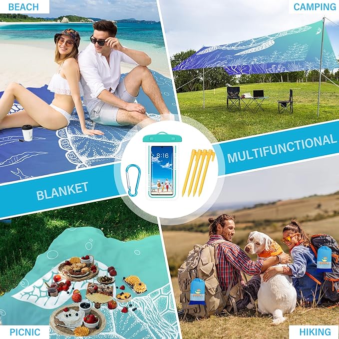 BYDOLL Beach Blanket Waterproof Sandproof 78''×81'' Suits1-4 Adults Compact Lightweight Oversized Sand-Free Blanket Large Picnic Mat for Beach Travel Camping Hiking