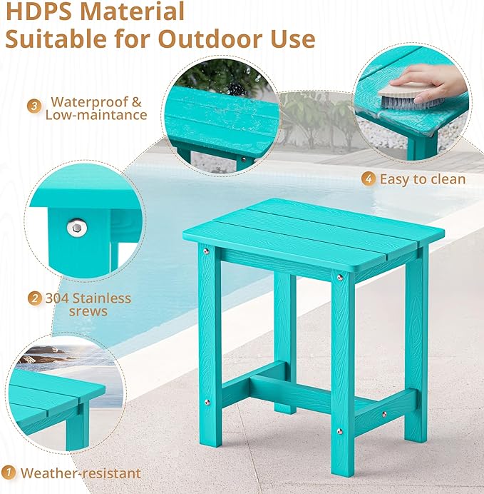 LUE BONA Outdoor Side Table, HDPS Small Outdoor Table, Adirondack Side Table, Outside End Table for Patio, Porch, Deck, Weather Resistant/Easy Maintenance/Indoor or Outdoor Use, Aruba Blue