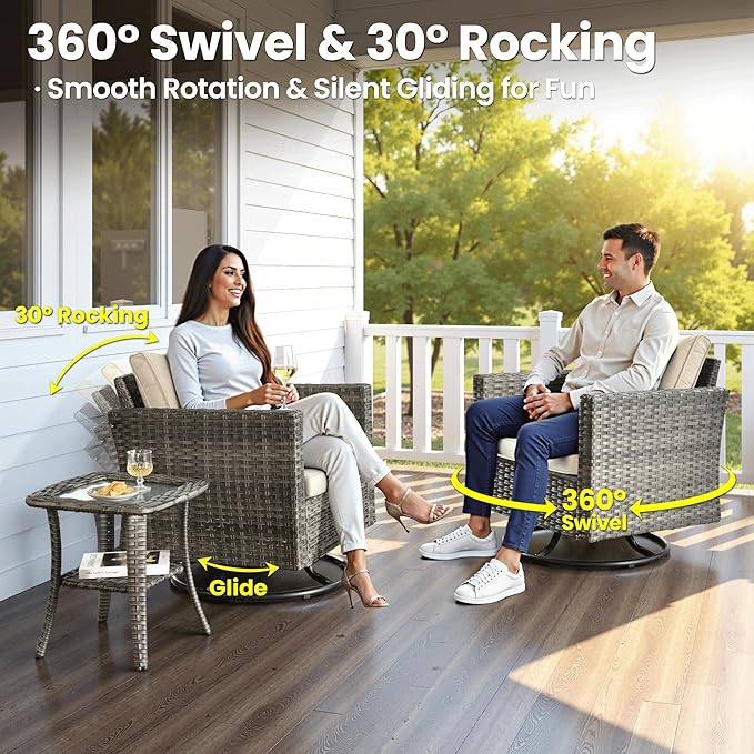 ovios 7 Pieces Patio Furniture Set with 42" Fire Pit Table, Outdoor Wicker Sofa with Swivel Chairs, All Weather High Back Rattan Couch Conversation Set, Beige