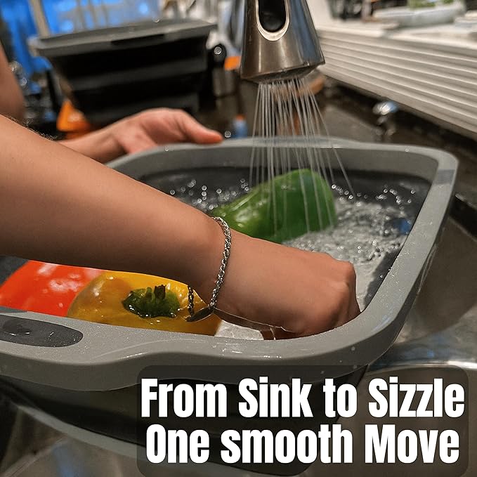 Collapsible Large (8L) BBQ Marinating Tub w/Cutting Board | Multipurpose Food-Grade TPE Prep Tub w/Lid | Built-in Colander & Drain Plug - for Camping | Tailgate | Picnic - Slate Black