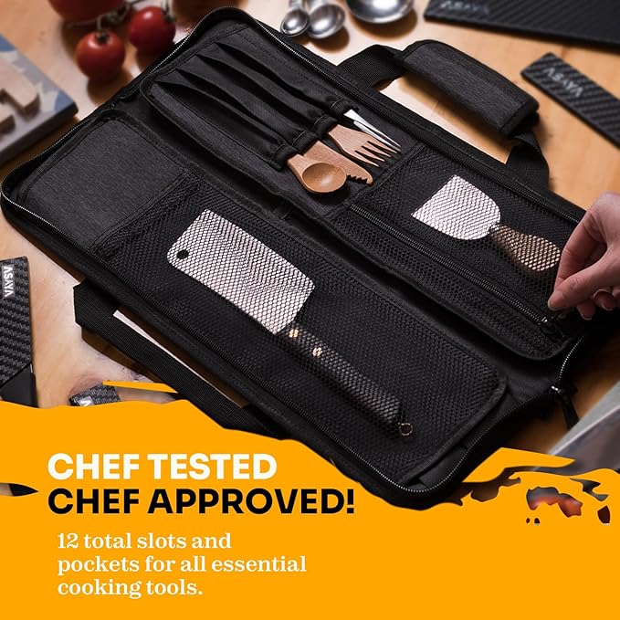Asaya Chef Knife Roll Bag - 12 Pockets for Knives and Kitchen Utensils - Lightweight, Durable, and Stain Resistant Nylon - Perfect for the Traveling Chef - Knives not Included