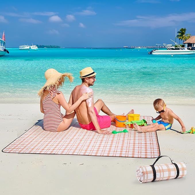 Picnic Blanket 80''x80'' Extra Large Outdoor Blanket, Waterproof, Sandproof, Machine Washable, Tear Resistant, Foldable Picnic Mat for Camping, Grass, Park, Travel, Beach – Orange