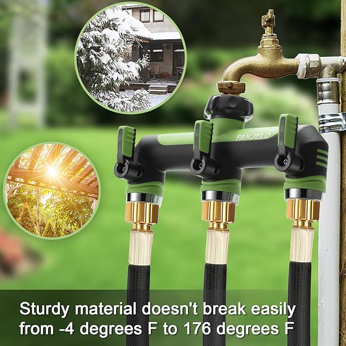 3 Way Hose Splitter, Heavy Duty Garden Water Hose Bib Spigot Splitter, Outdoor Faucet Splitter with Shutoff Valve, Garden Hoses Connector for T Adapter, 3/4 - Inch GHT Thread (Green)