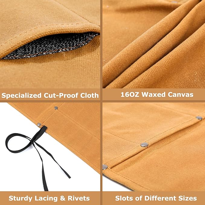 Knife Roll Bags, 16oz Waxed Canvas Knife Holder (4 Slots & Specialized Anti Cutting Fabric), Multi-Purpose Knife Pouch with Tie Rope, Khaki